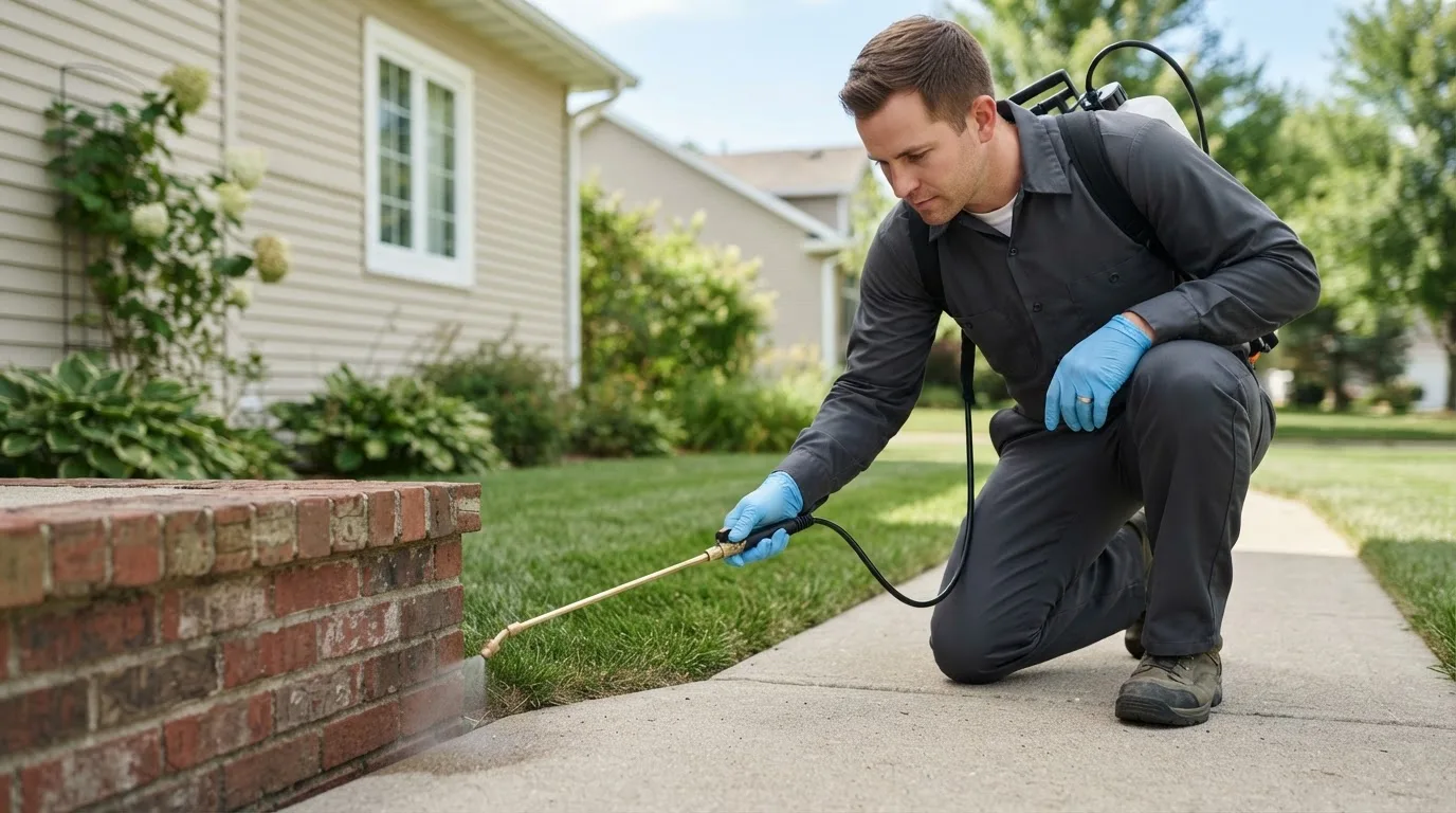 Pest control technician treating a home near Gladstone, ND