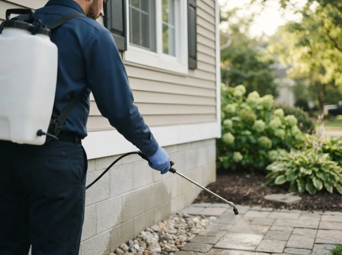 Pest control technician inspecting a home in Gladstone, ND